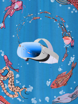 Ett virtual reality headset mot en blå bakgrund. Ur headsetet flyter det ut massa fiskar och sjövarelser