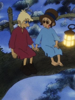 Två figurer sitter på en gren och håller i handen