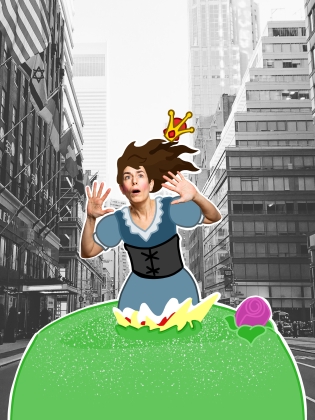En kvinna klädd som prinsessa som hoppar upp ur en tårta med en stadsmiljö i bakgrunden