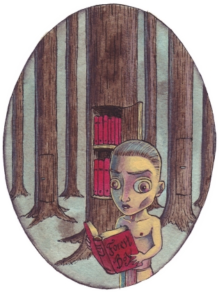 Illustration av en pojke som läser böcker i en skog. 
