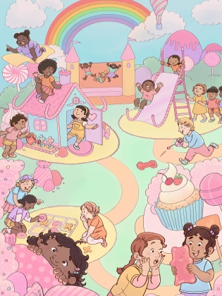 En illustrerad bild av rosa lekpark