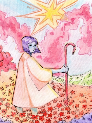 En illustration där en person med lila hår håller i en stav, omgiven av blommor i grönt, rosa och orange.