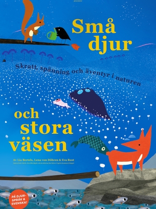 En liten ekorre, fågel, val och räv står i naturen.