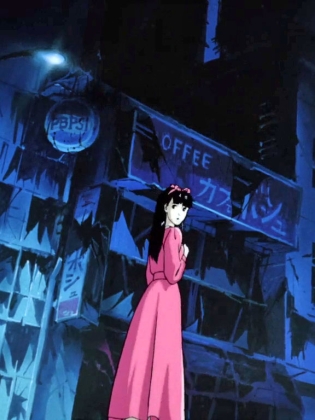 Animerad bild av en flicka i rosa klänning i en storstad nattetid