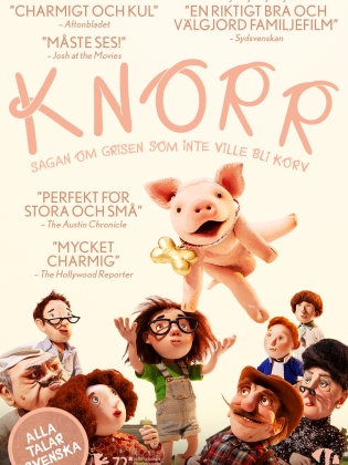 Animation med en grupp förvånade och glada människor och en hoppande gris