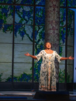 En operasångerska sjunger en aria på en utsmyckad scen