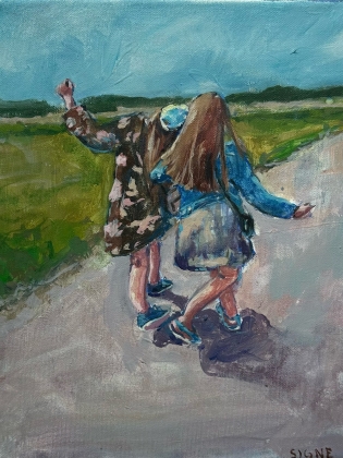 En målning av två kvinnor som går bredvid varandra vid en landsväg. 