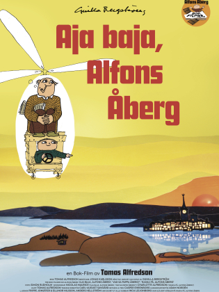 Filmaffisch med Alfons Åberg som flyger en helikopter.
