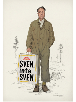 En man iklädd overall som står mitt i ett kalhygge, i handen har han en påse som det står Sven, inte Sven på