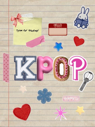 Dekorerad anteckningssida med texten "KPOP" och klistermärken av hjärtan, blommor, Miffy-kanin och ett ljusstav.