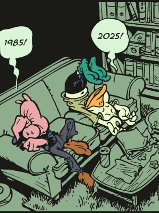 Tecknade djurfigurer i soffa, en säger "1985!" och den andra "2025!", omgivna av popcorn och böcker.