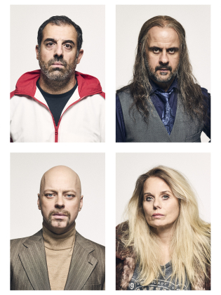 Foto: Klara G Åtta porträtt av fyra vuxna personer (två män, en kvinna och en man med peruk) i olika klädstilar och frisyrer.