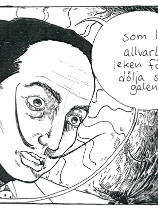 Serie med fyra rutor: en man med smal mustasch talar dramatiskt; tre andra män reagerar tyst i små rutor bredvid.