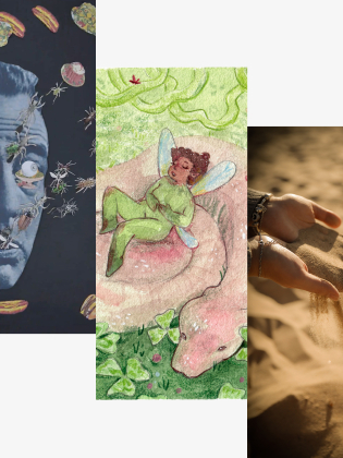 Surrealistiskt collage med blått ansikte, tecknad älva på orm och händer som låter sand rinna i ökenmiljö.