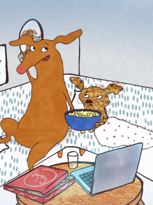 Animation av två sagofigurer som ser på film i en soffa.