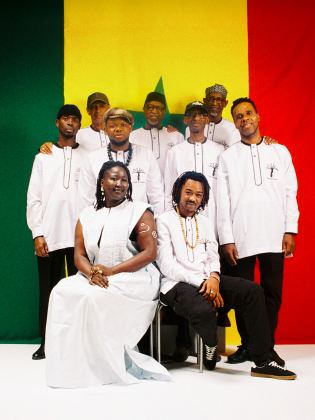 Nio personer poserar framför en flagga