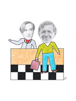 En ritat teckning i affärsmiljö med scannade fotografier av Andreas T Olsson och Claes Erikssons ansikten.