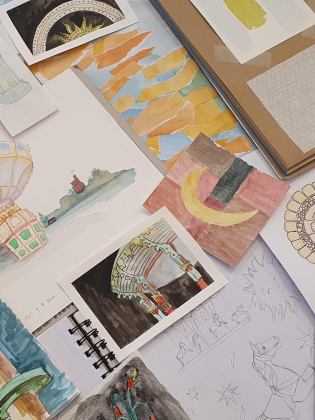 Skisser i olika tekniker med tivolimotiv