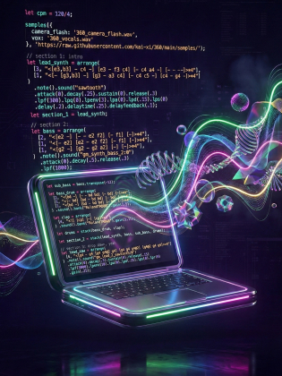 Laptop med neonljus visar kod om ljudsyntes, med färgglada vågor och symboler runt.