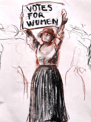 Tecknad kvinna i hatt och lång kjol håller upp en skylt med texten "Votes for Women".