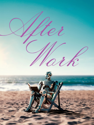 En android sitter på en strand och läser en bok.