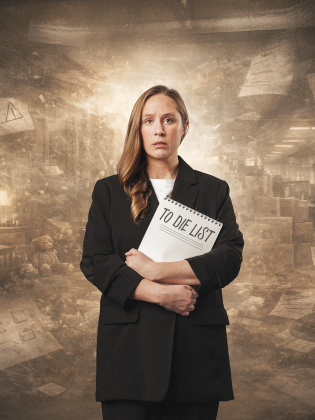 Kvinna i 30-årsåldern med långt blont hår håller ett block med texten "TO DIE LIST" i en surrealistisk kontorsmiljö.