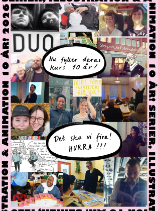 Collage med foton och teckningar som firar 10 år av kursen Serier, illustration & animation på Skarpnäcks folkhögskola.