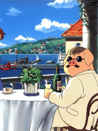 En klädd gris sitter på en restaurang med en ung flicka