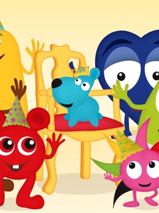 En grupp färgglada sagofigurer skrattar kring en blå hund.