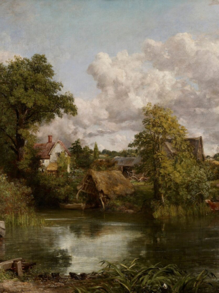 Oljemålning av ett engelskt landskap med en vit häst.