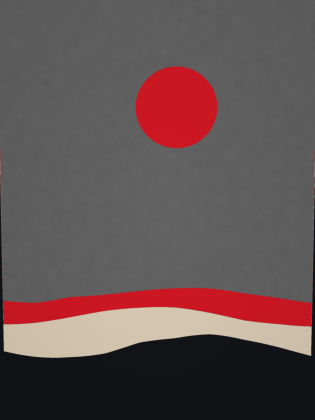 Abstrakt illustration med grå bakgrund, röd cirkel centralt upptill och vågformade band i rött, beige och svart längst ned.