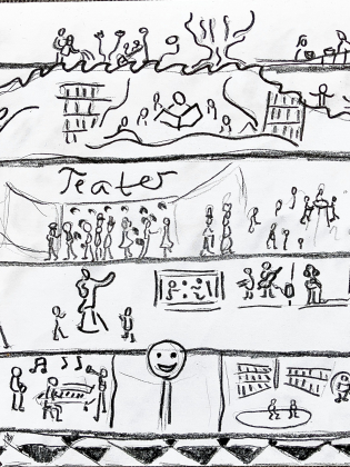 Handritad skiss med flera scener av människor i samtal, teater och aktiviteter, som illustrerar delaktighet och demokrati.