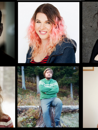 Sex porträtt i ett rutnät; fyra kvinnor och två män fotograferade i olika miljöer, både studio och utomhus.