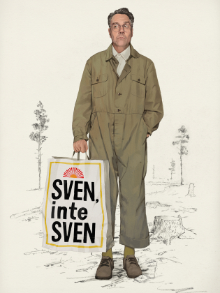 Sven Björklund på ett kalhygge iförd en arbetsoverall. I handen håller han en kasse som det står Sven, inte Sven på.