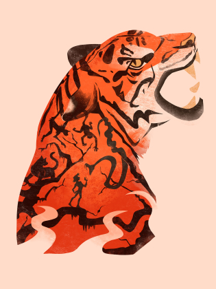 En stiliserad röd tiger är avbildad mot en ljus bakgrund.