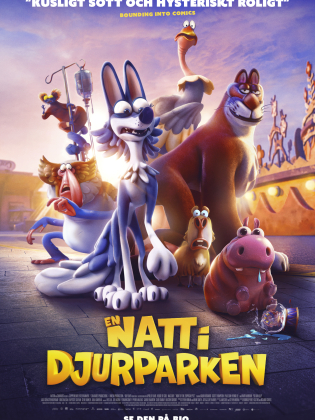 Olika animerade djur står tillsammans och skrattar.