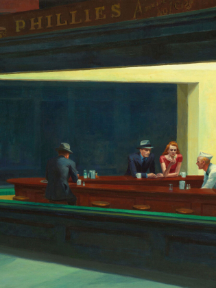 Oljemålning med dystra personer som sitter vid en bardisk.