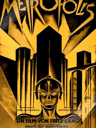 Tecknad bild av en robotkvinna och en futuristisk stad.