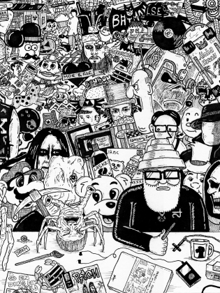 Detaljrik svartvit teckning fylld med många figurer, objekt och referenser i ett tätt collage.