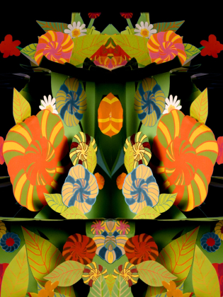 Symmetrisk design med färgglada blommor och blad i papper, i orange, rött, grönt och blått på svart bakgrund.