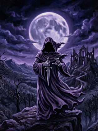 En man i kåpa med dolk framför en fullmåne