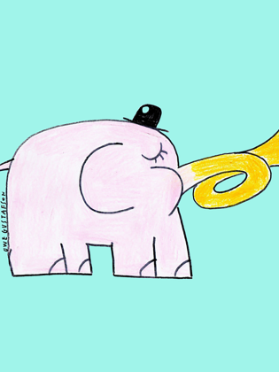 En tecknad bild på en rosa elefant mot en blå bakgrund