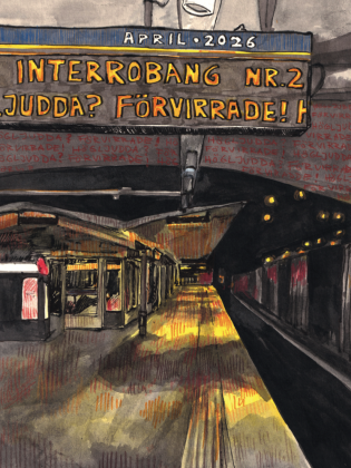Illustration av en tunnelbaneperrong med ett tåg, ovanför en skylt med texten “Interrobang nr.2 – Judda? Förvirrade!”.