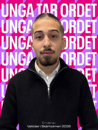 Porträtt av medlem på Stationen mot en "Unga tar ordet" bakgrund