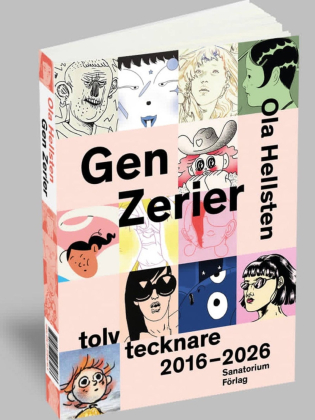 Bokomslag med titeln ”Gen Zerier” visar ett collage av tecknade ansikten och illustrationer i olika stilar. Boken står mot en ljusgrå bakgrund.