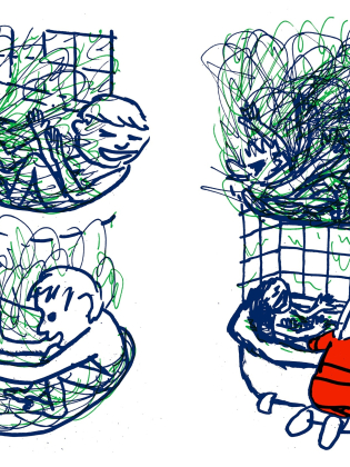 Två tecknade scener visar barn som badar i ett badkar fyllt med färgstarka, virvlande linjer och former. Illustrationerna är gjorda i blått, grönt och rött med ett lekfullt och uttrycksfullt bildspråk.