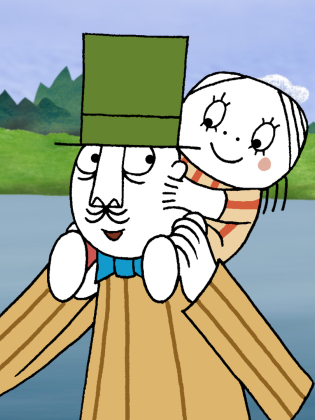 Animation med en farbror som bär en flicka på sina axlar.