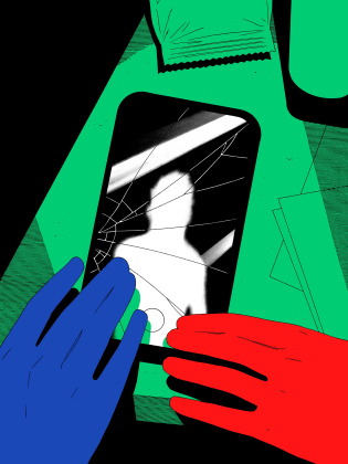 Illustration av två händer vid en mobiltelefon med sprucken skärm, där en suddig person syns i svartvitt.
