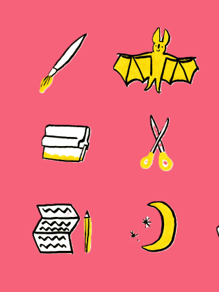 Illustration med symboler för bland annat böcker, skapande, musik och hantverk mot rosa bakgrund.
