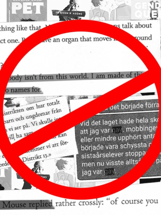 Kollage av bokomslag och textutdrag i svartvitt, överlagt med en stor röd förbudssymbol.